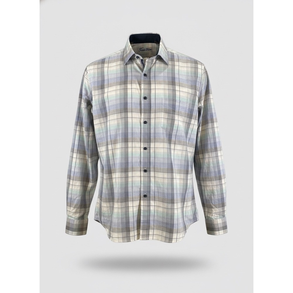 Tasso Elba‎ Mens Plaid Long Sleeve Button Down Shirt Blue Grey White L